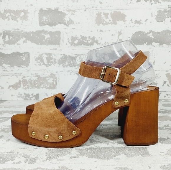 NEW Steve Madden Alabama Platform Brown Suede Wooden Studded Sandals F315 - Picture 1 of 13